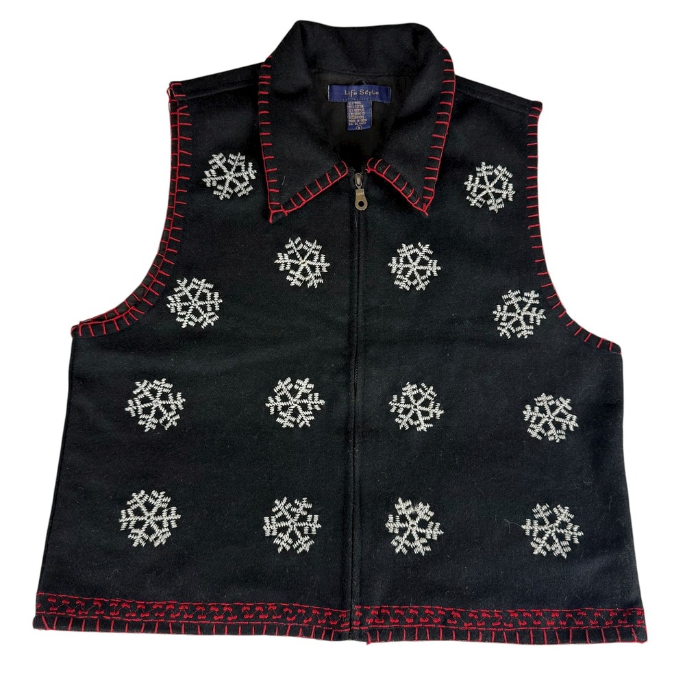 Life Style Black Snowflake Vest Women's Size M‎ Embroidered Zip Up Collar Casual